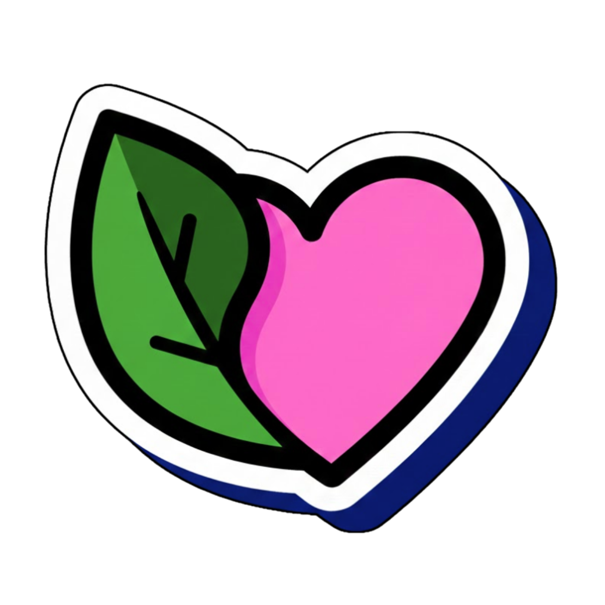 A cartoon sticker of a pink heart combined with a green leaf on a black background.