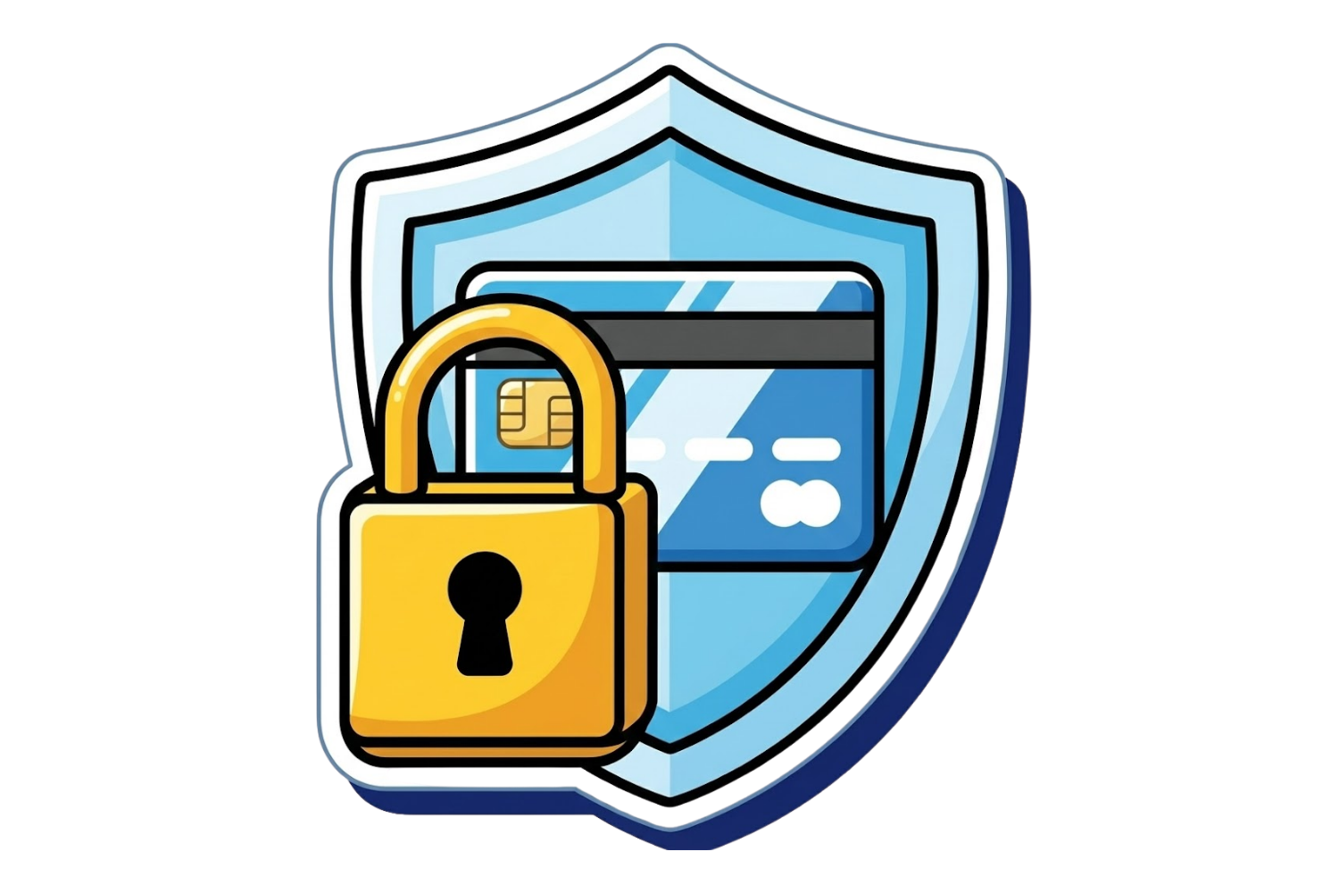 A cartoon graphic of a credit card and padlock in front of a shield, symbolizing security.