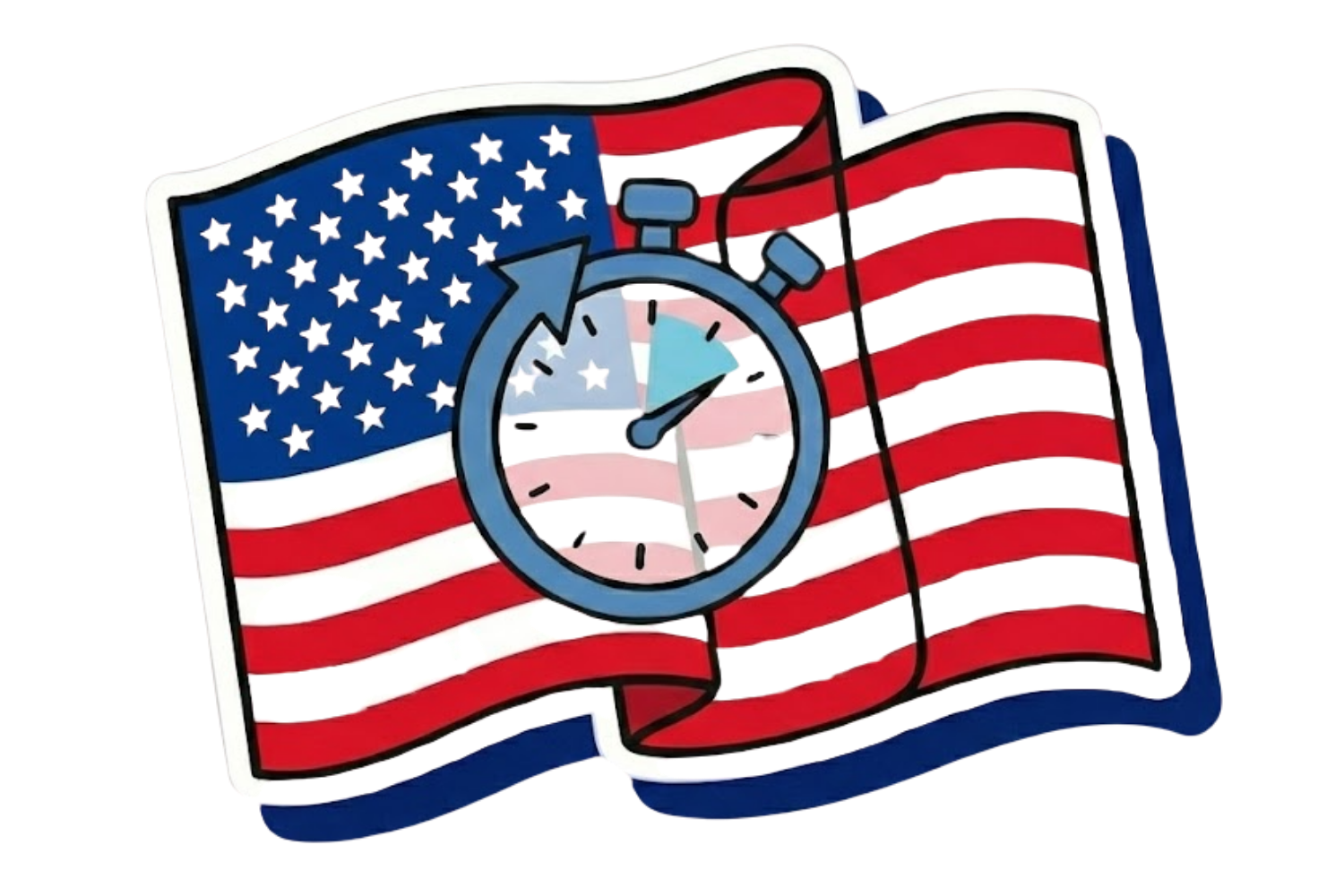 A cartoon illustration of a waving American flag with a stopwatch in the center.