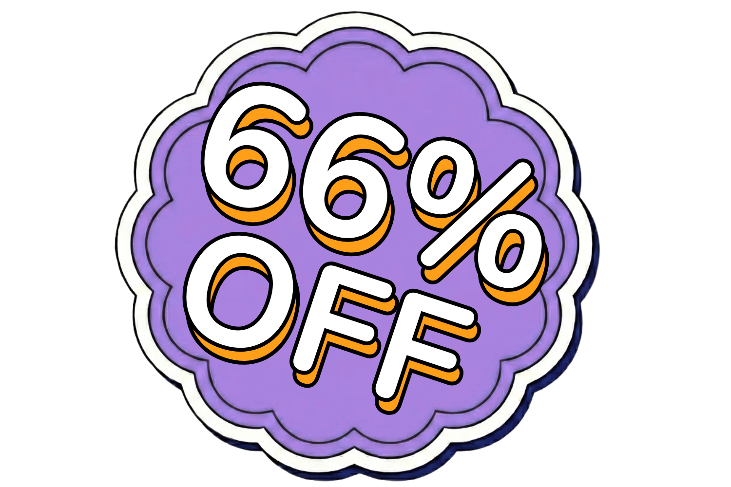 A stylized purple sticker with the text '66% OFF' in white and orange letters.