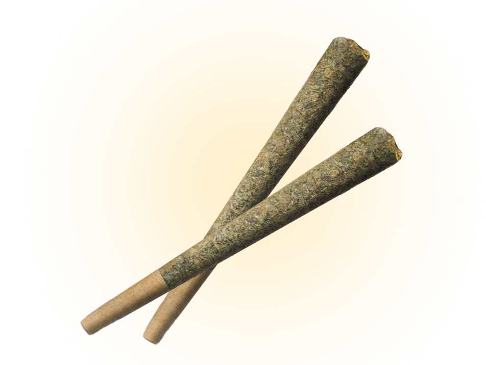 Two pre-rolled cannabis joints crossed over each other on a plain background.