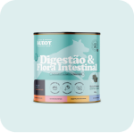 A can of Buddy pet food for 'Digestão & Flora Intestinal' against a light teal background.
