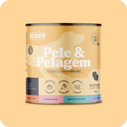 A can of Buddy Nutrition Pele & Pelagem, a dietary supplement for dogs for skin and coat.