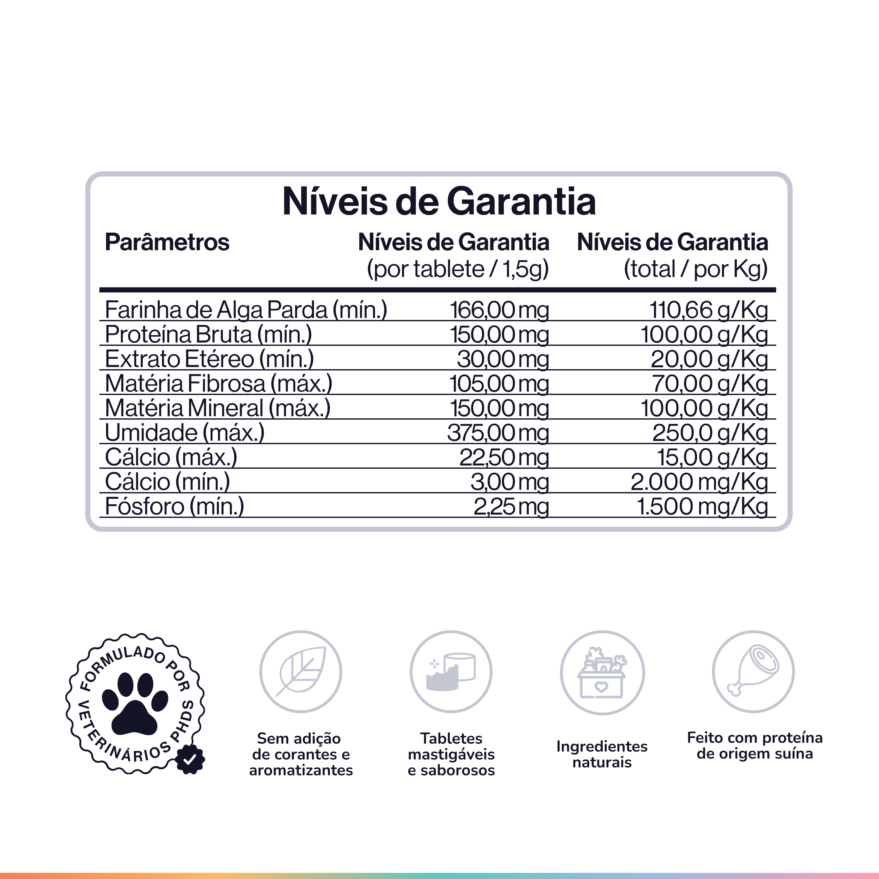 A nutritional analysis table in Portuguese, with icons below highlighting product features.