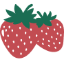 A simple, stylized illustration of two red strawberries with green leafy tops.