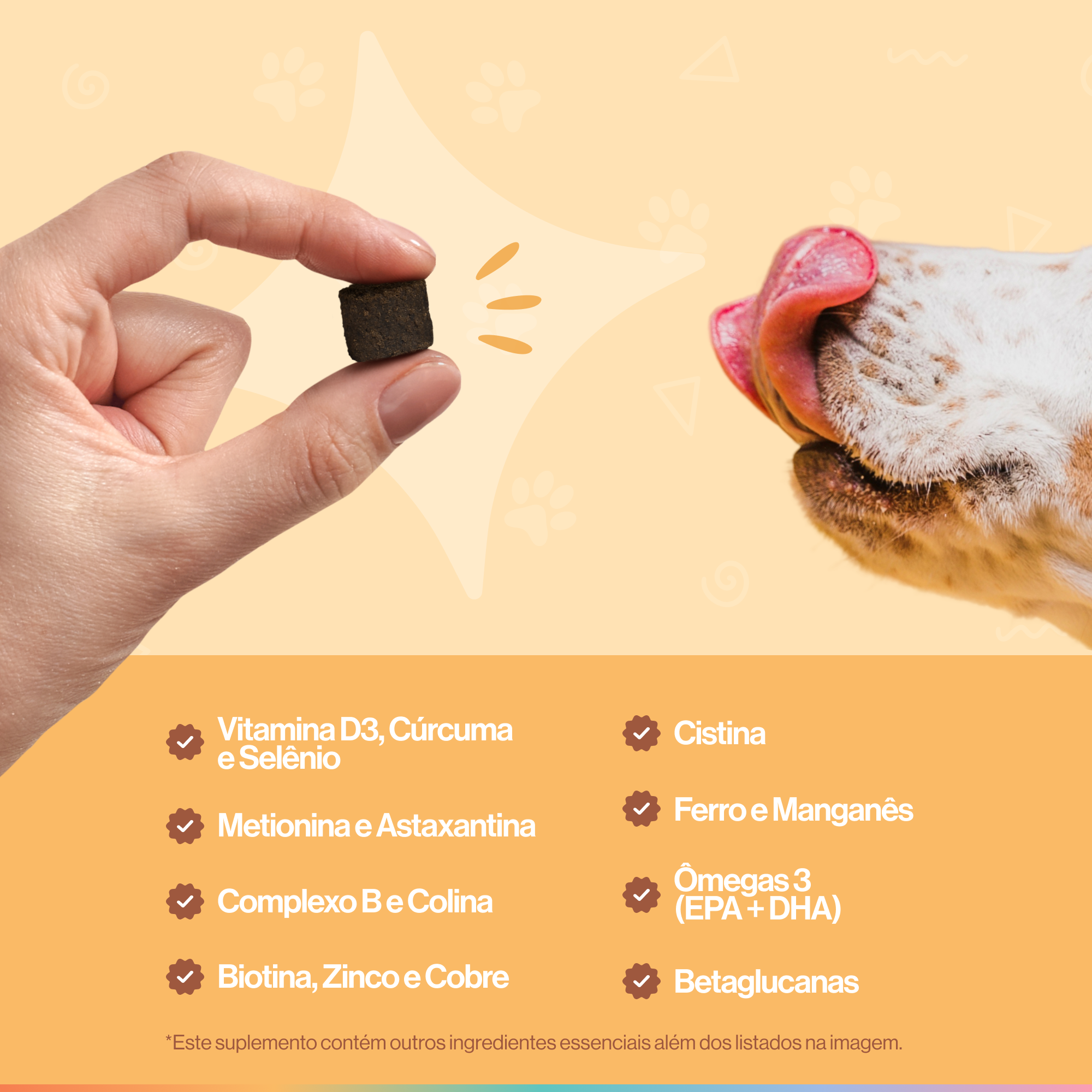 A hand holds a pet treat for a dog licking its lips, with a list of ingredients below.