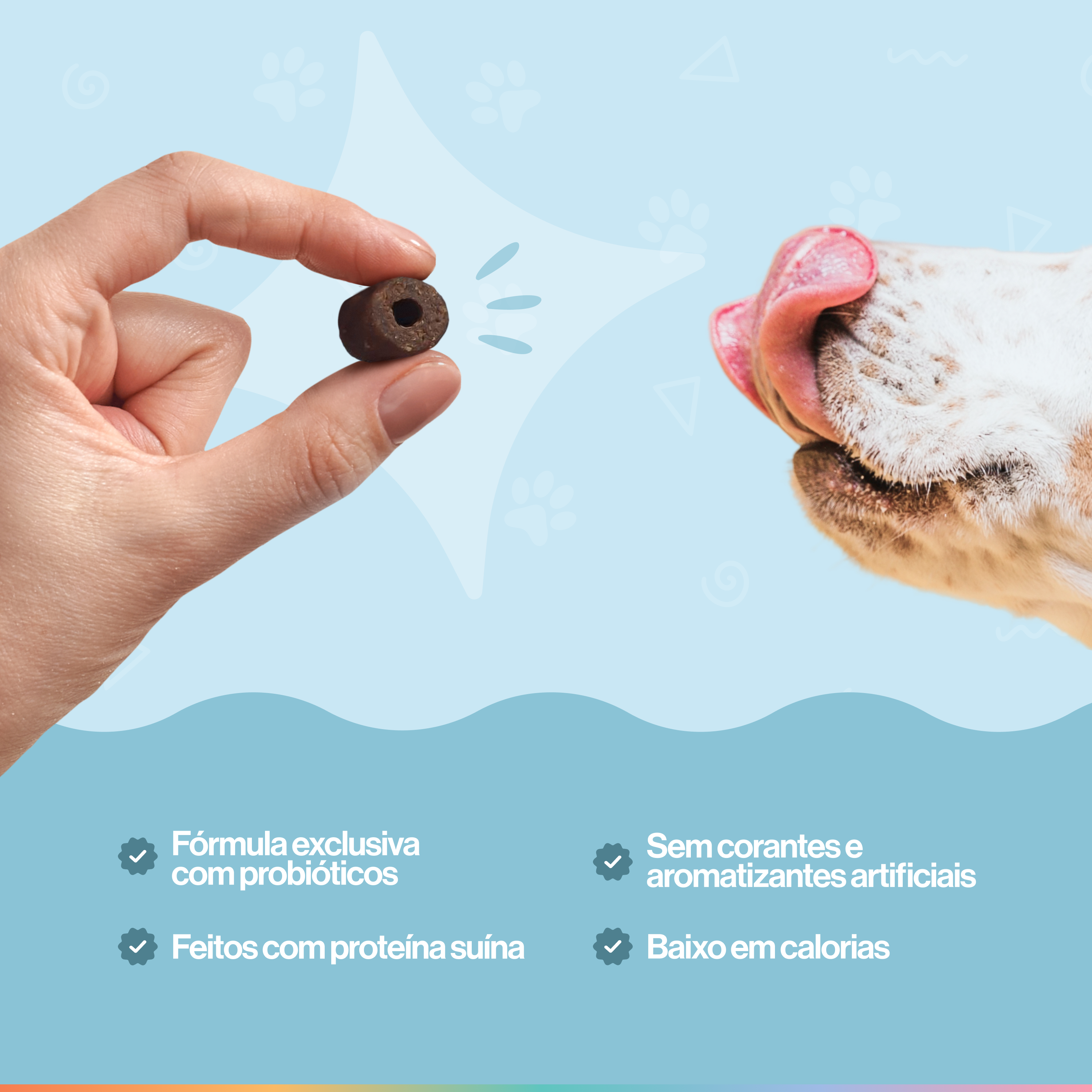 A hand holds a dog treat while a dog licks its lips in anticipation.