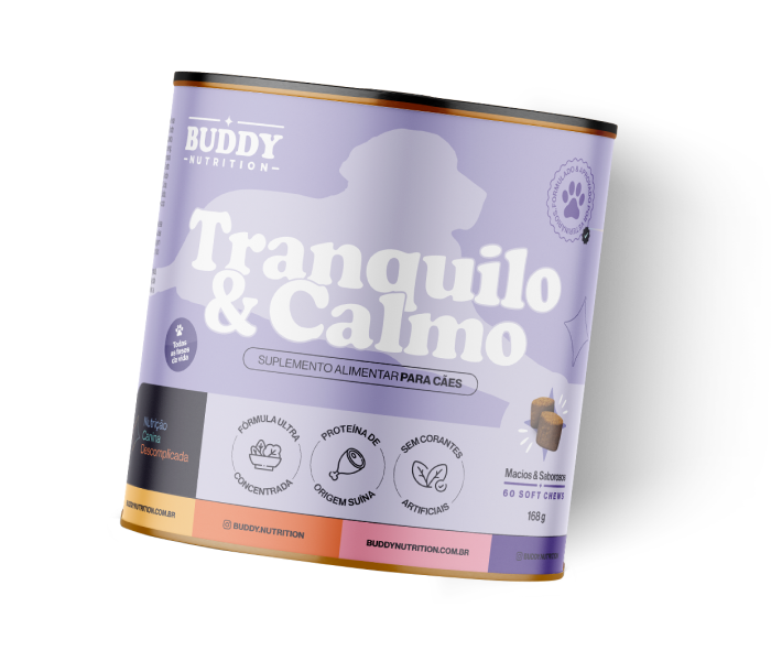 A purple and white tub of Buddy Nutrition Tranquilo & Calmo dietary supplement for dogs against a white background.