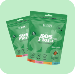 Two green pouches of Buddy brand SOS Flora pet supplement against a light green background.