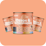 Three cans of a pet supplement labeled 'Ossos & Articulações' against an orange background.
