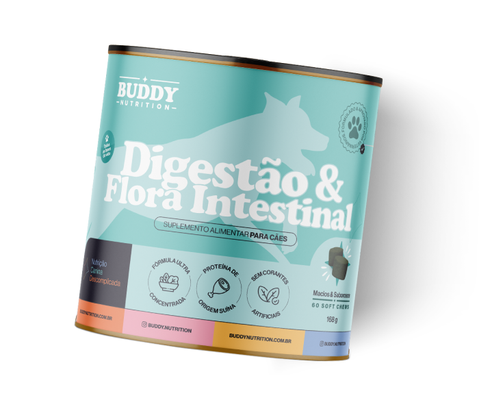 A tub of Buddy Nutrition 'Digestão & Flora Intestinal' dog supplement soft chews on a white background.