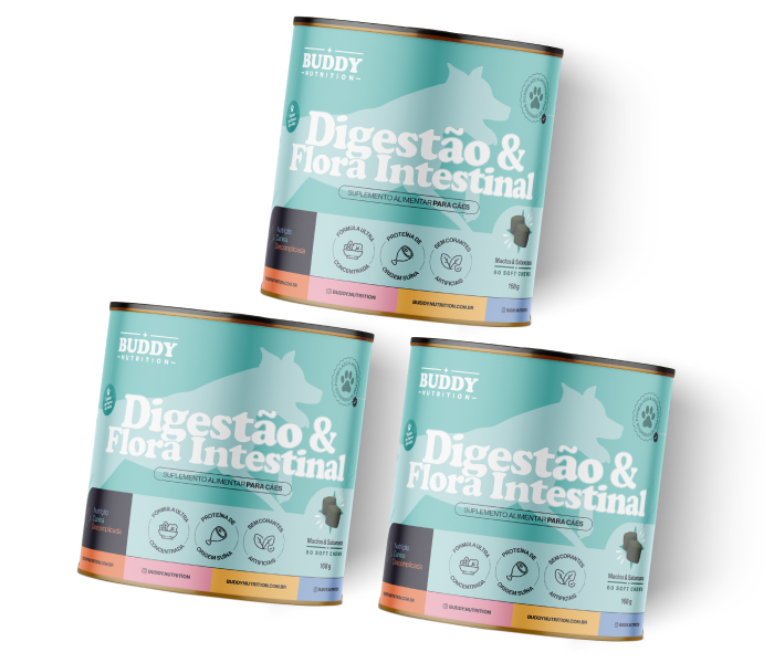 Three cans of Buddy Nutrition dog supplement for digestion and intestinal flora against a white background.