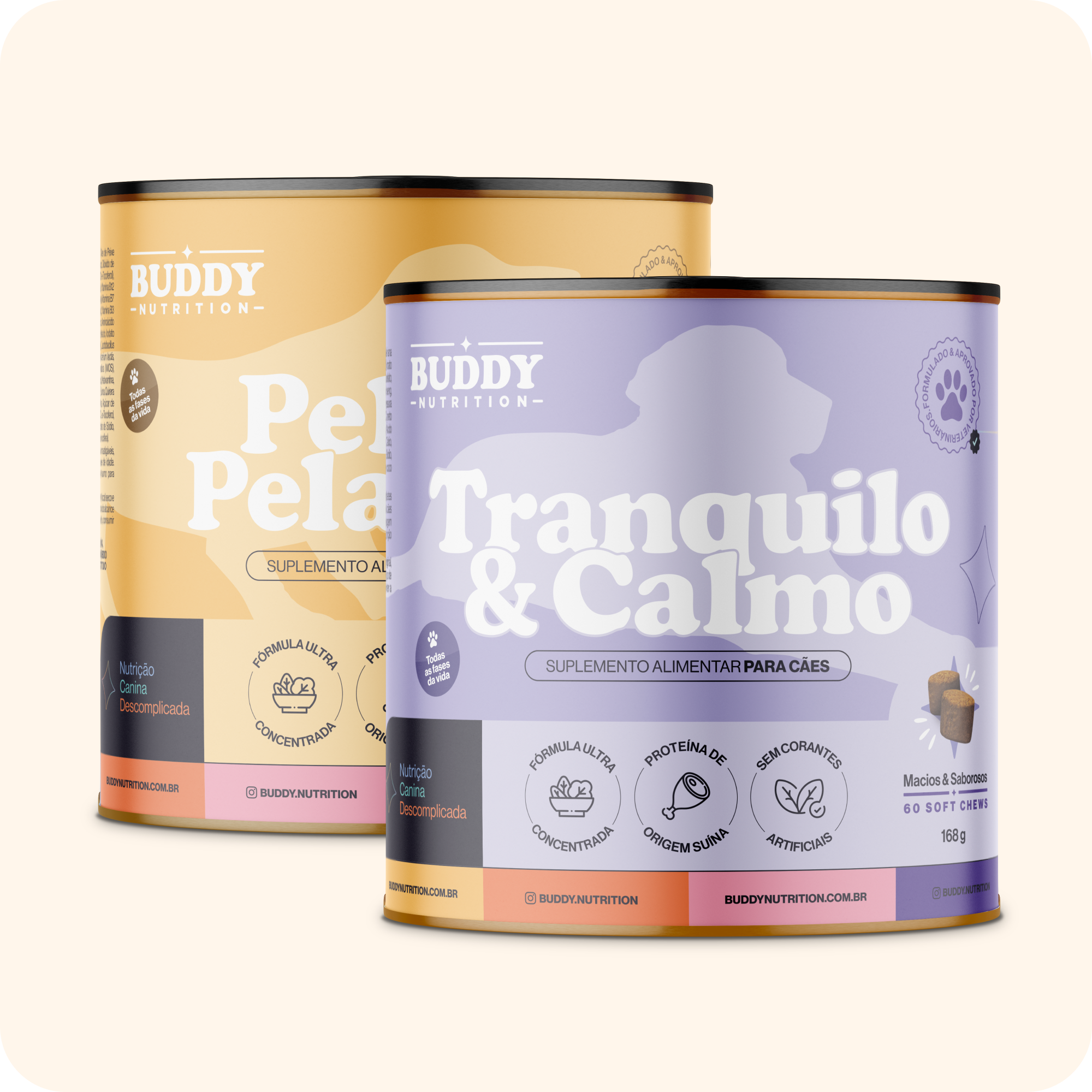 Two cans of Buddy Nutrition brand dog supplements, one yellow and one purple, against a plain background.