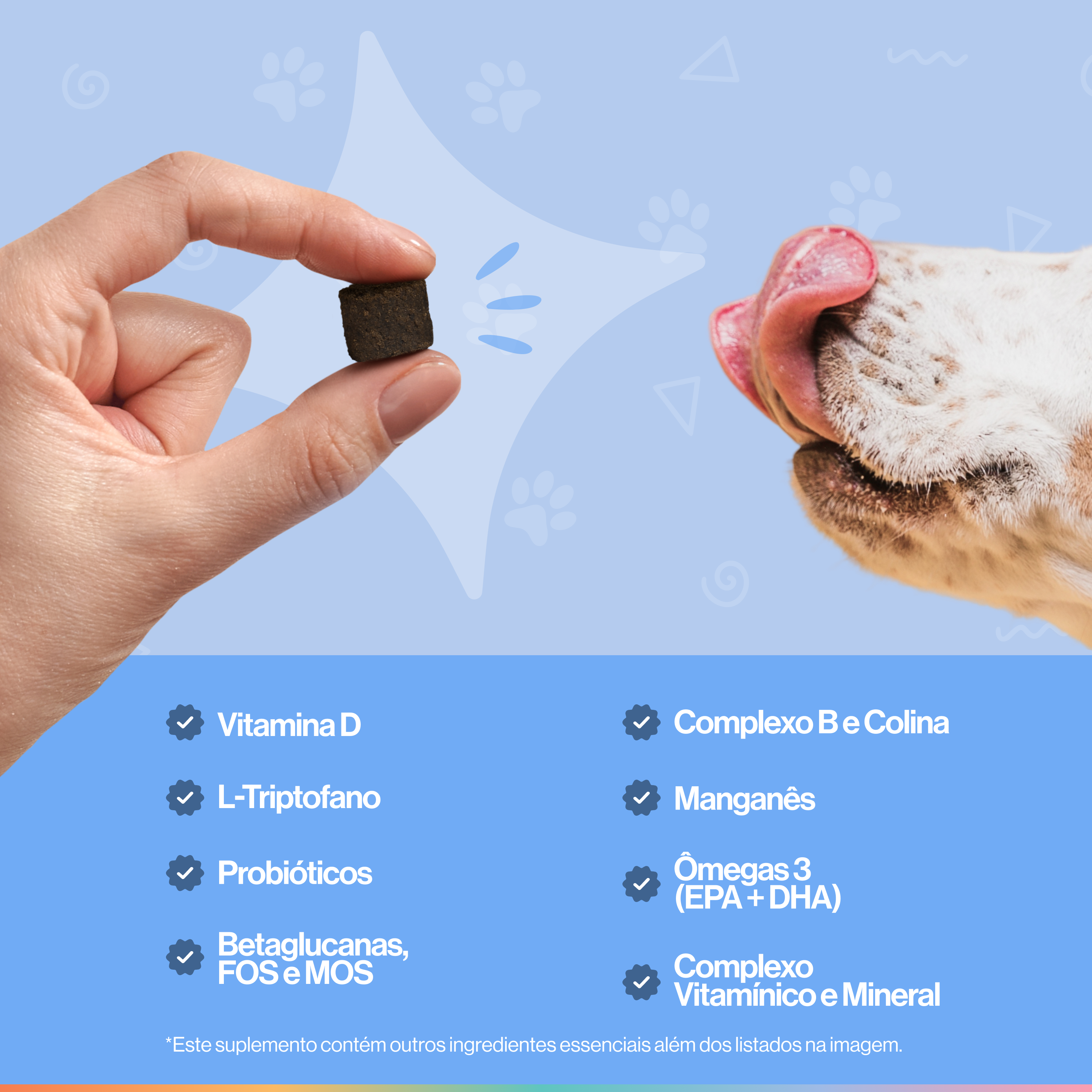 A hand holds a square pet treat for a dog licking its lips, with a list of ingredients below.