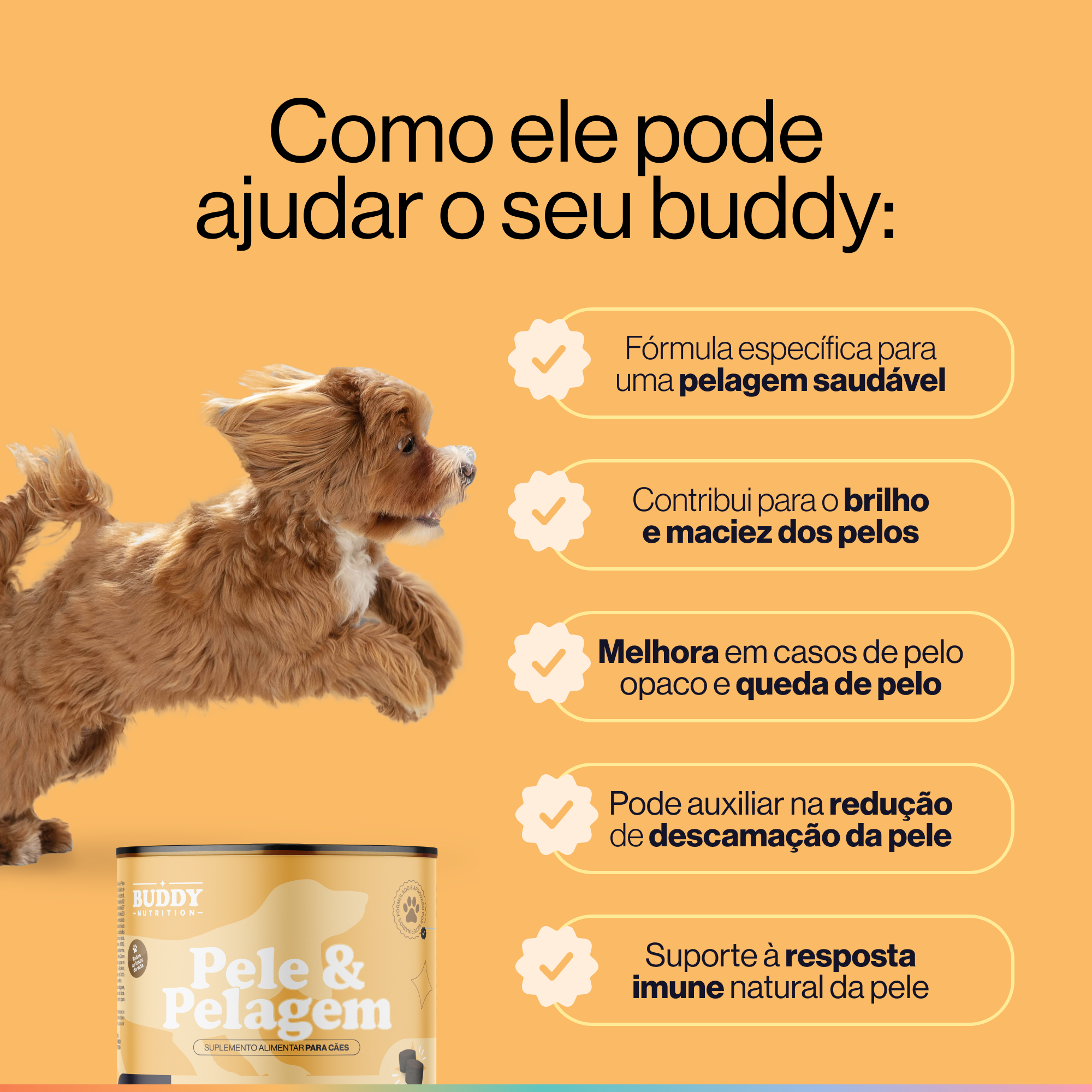 An ad for a dog supplement, showing a jumping dog, the product, and a list of benefits in Portuguese.