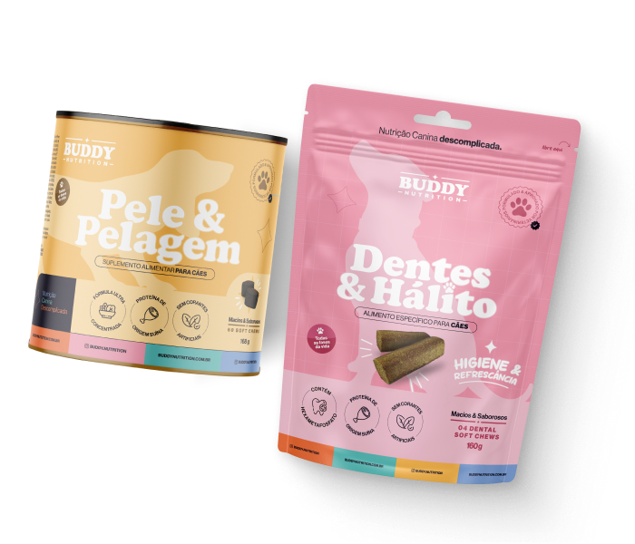 A can of Buddy Nutrition skin supplement and a pouch of their dental chews for dogs.