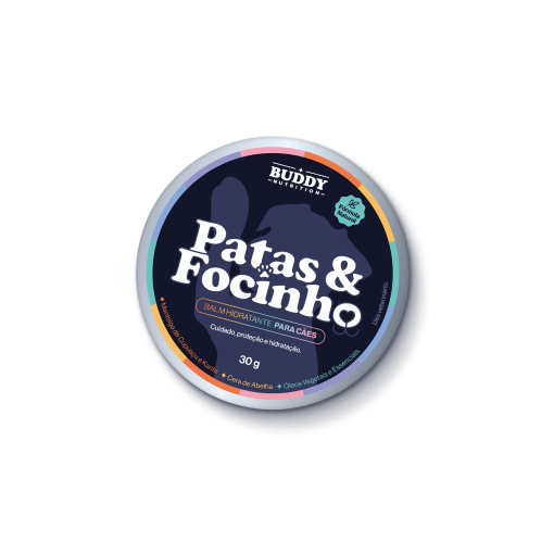 A round tin of Buddy Nutrition Patas & Focinho moisturizing balm for dogs on a white background.