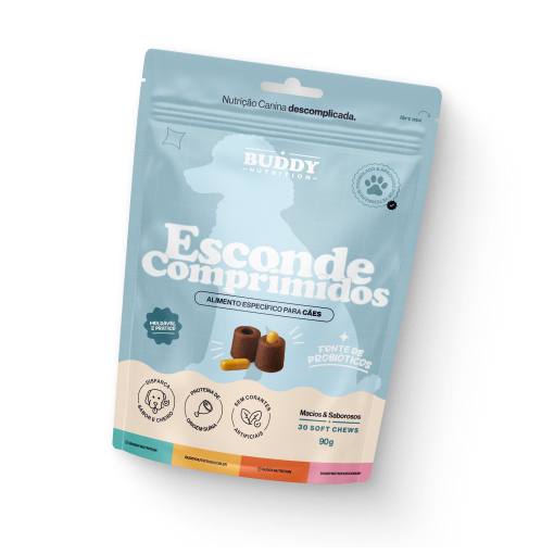 A light blue pouch of Buddy Nutrition Esconde Comprimidos dog treats on a white background.
