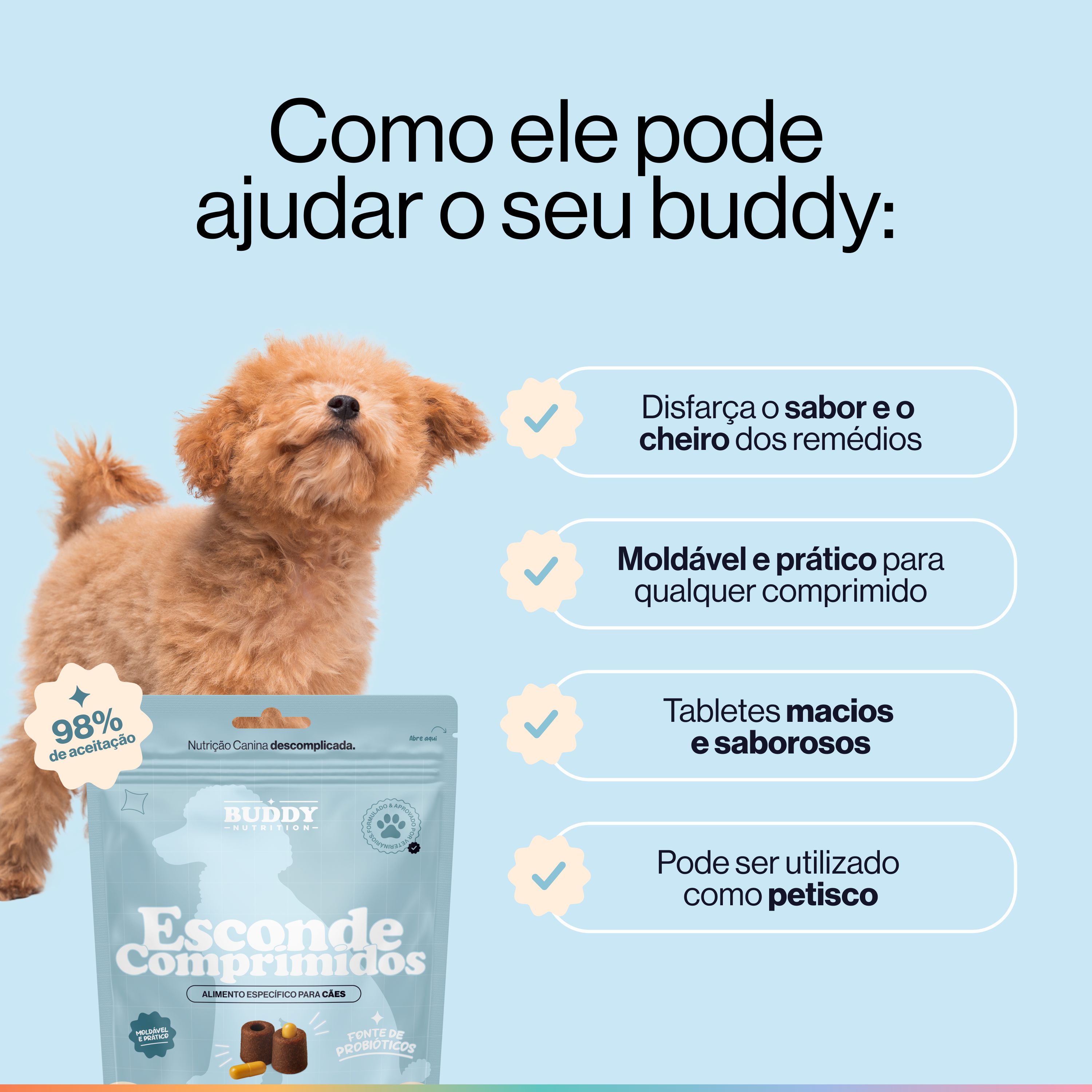 An ad for Buddy Nutrition dog treats with a fluffy poodle and a list of product benefits in Portuguese.