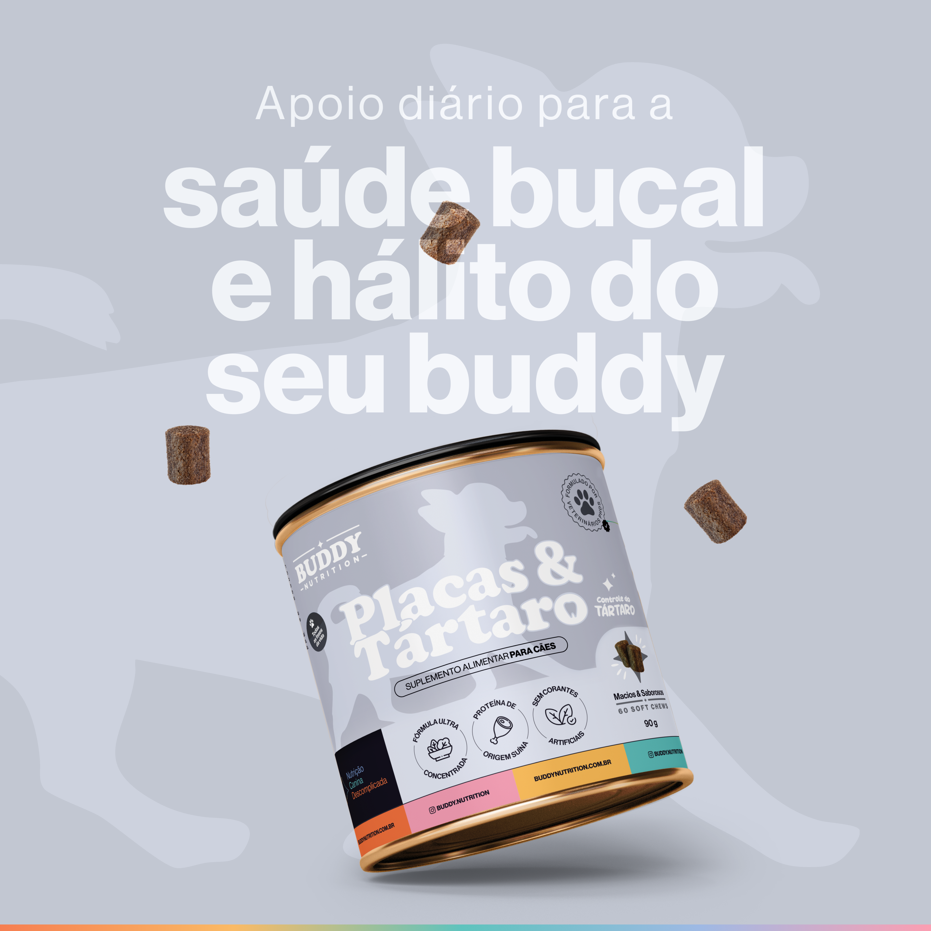 A can of Buddy Nutrition brand dog food supplements for plaque and tartar, with chews floating around it.