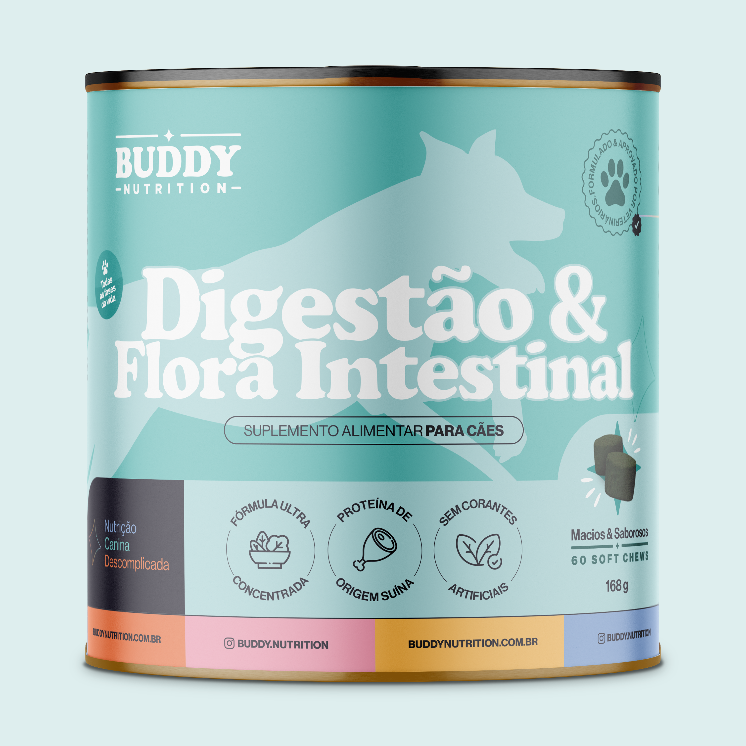 A can of Buddy Nutrition dog supplement for digestion and intestinal flora against a plain background.