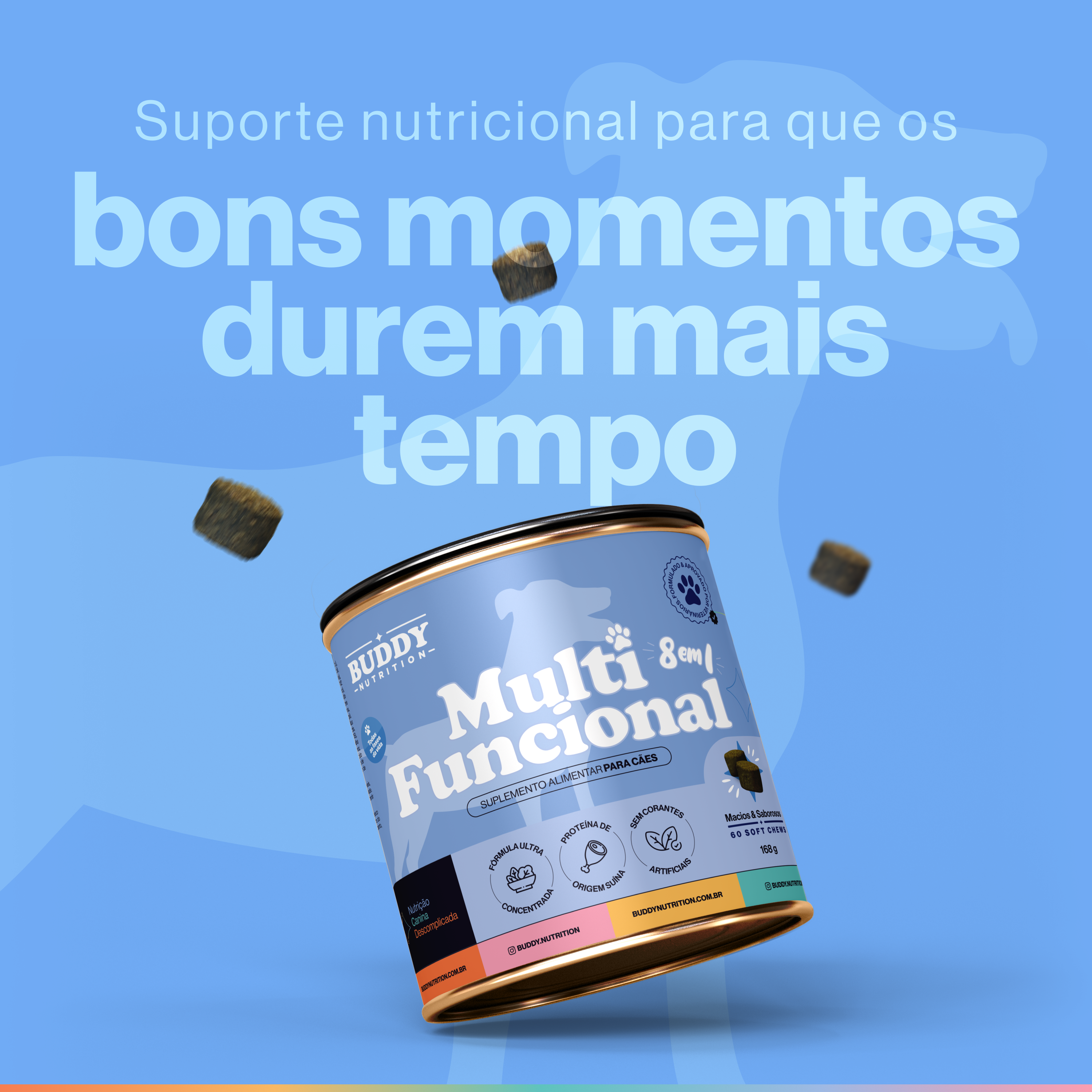 A can of Buddy Nutrition dog supplements with soft chews floating around it on a blue background.