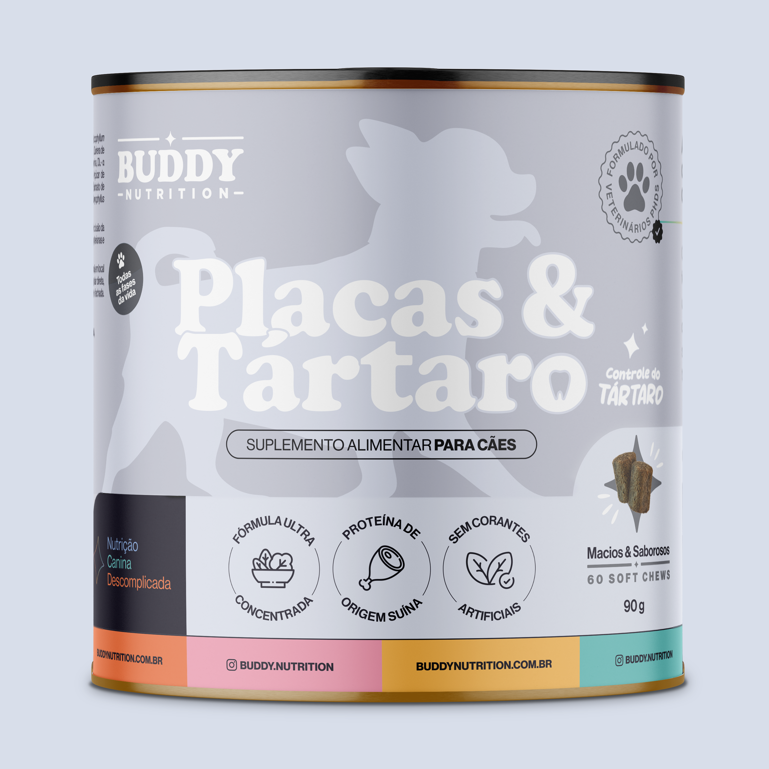 A can of Buddy Nutrition's 'Placas & Tártaro' soft chew supplements for dogs to control tartar.