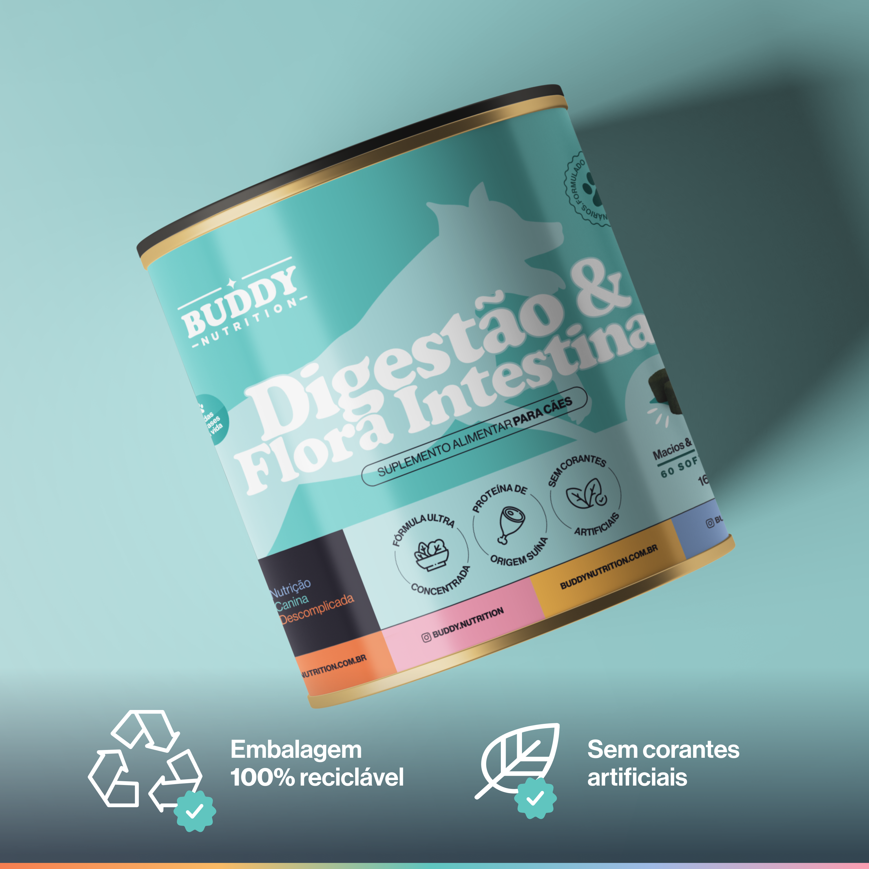 A can of Buddy Nutrition dog supplement for digestion and intestinal flora on a teal background.