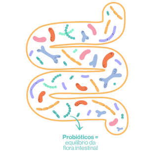 A cartoon illustration of an intestine filled with colorful microbes, representing a balanced gut flora.
