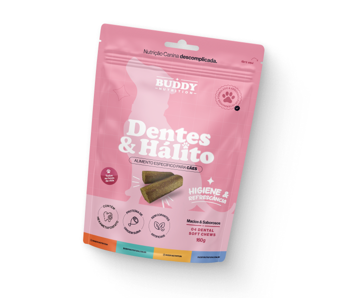 A pink pouch of Buddy Nutrition brand Dentes & Hálito dental soft chews for dogs.