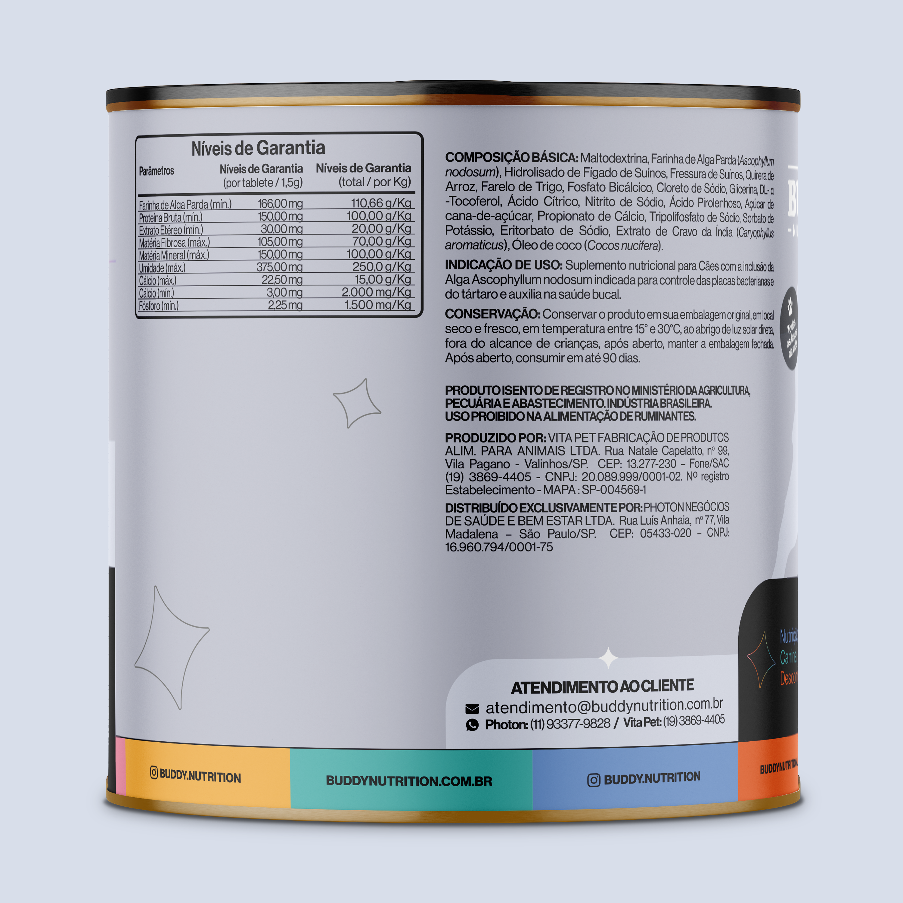 The back of a Buddy Nutrition product can, showing nutritional information and ingredients in Portuguese.