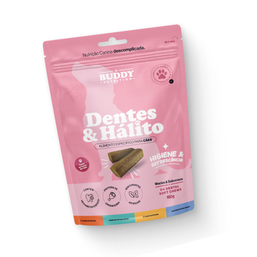 A pink pouch of Buddy Nutrition 'Dentes & Hálito' dental soft chews for dogs on a white background.