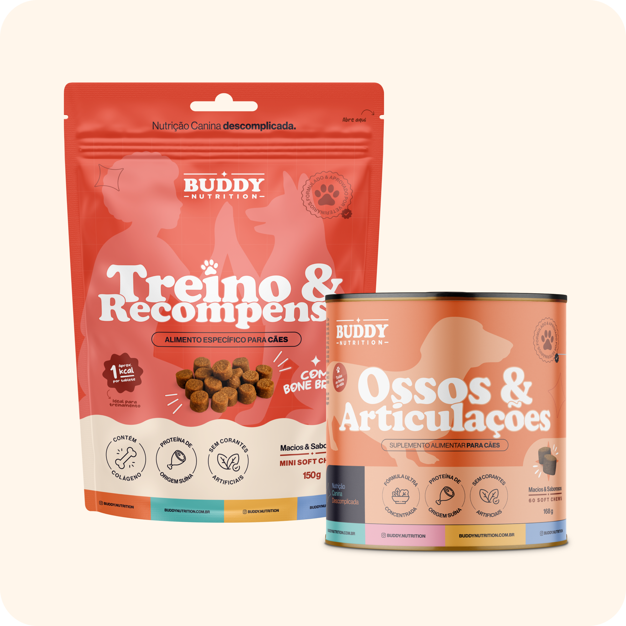 A pouch of Buddy Nutrition dog training treats next to a can of their joint supplement chews.