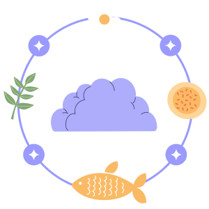A purple cloud surrounded by a circle with icons of a fish, a plant, and a fruit.