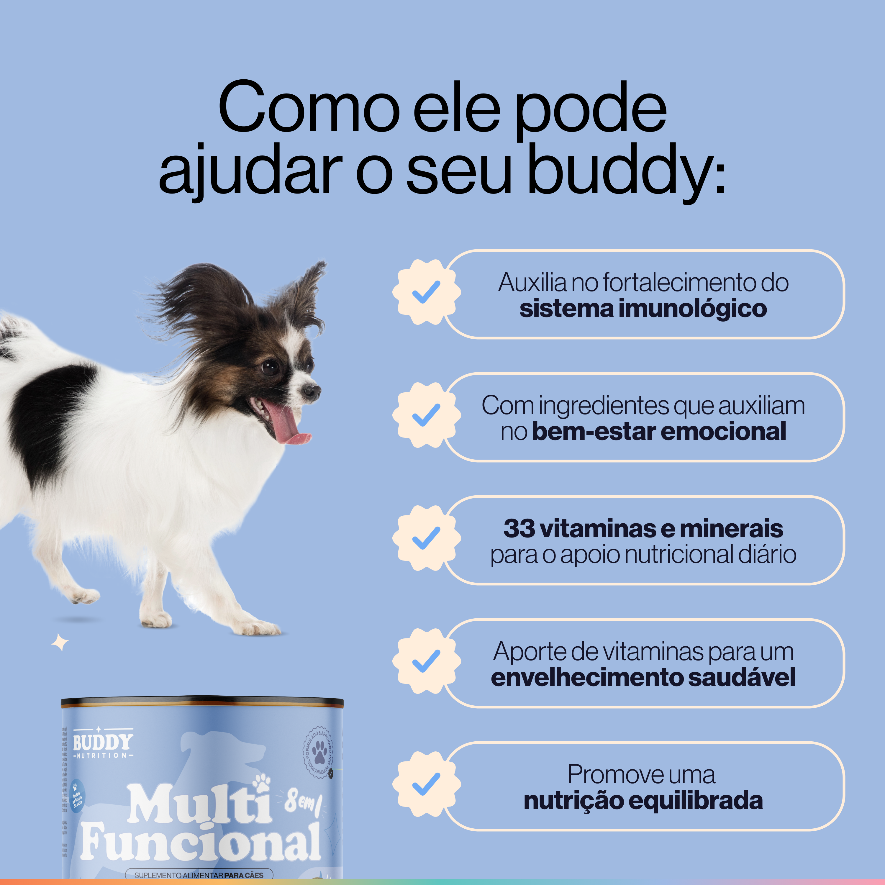 An ad for Buddy Nutrition dog food with a Papillon dog and a list of benefits in Portuguese.