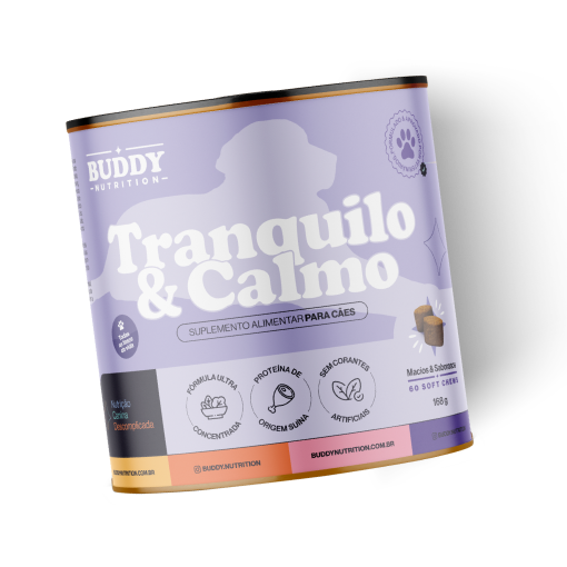 A can of Buddy Nutrition Tranquilo & Calmo, a food supplement for dogs, on a white background.