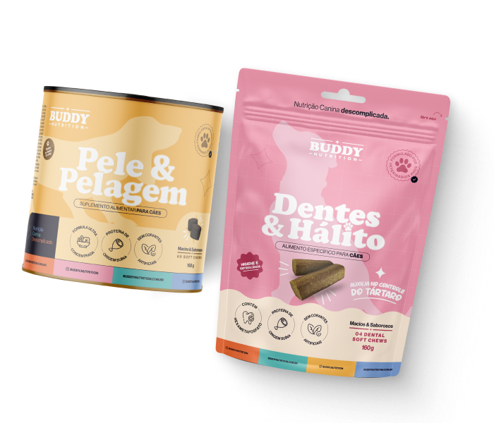 A can of Buddy Nutrition skin supplement and a pouch of their dental chews for dogs.