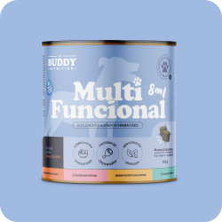 A light blue can of Buddy Nutrition Multi Funcional dog supplements on a matching blue background.