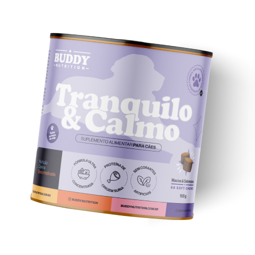 A purple can of Buddy Nutrition's 'Tranquilo & Calmo' calming supplement chews for dogs.