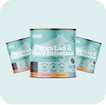 A product shot of three cans of pet food labeled in Portuguese for 'Digestion & Intestinal Flora'.