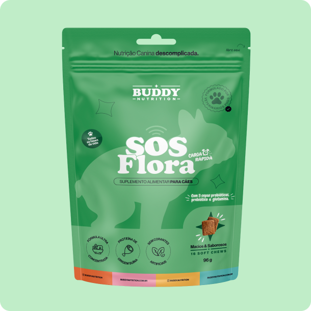 A green pouch of Buddy Nutrition SOS Flora dog food supplement chews against a light green background.