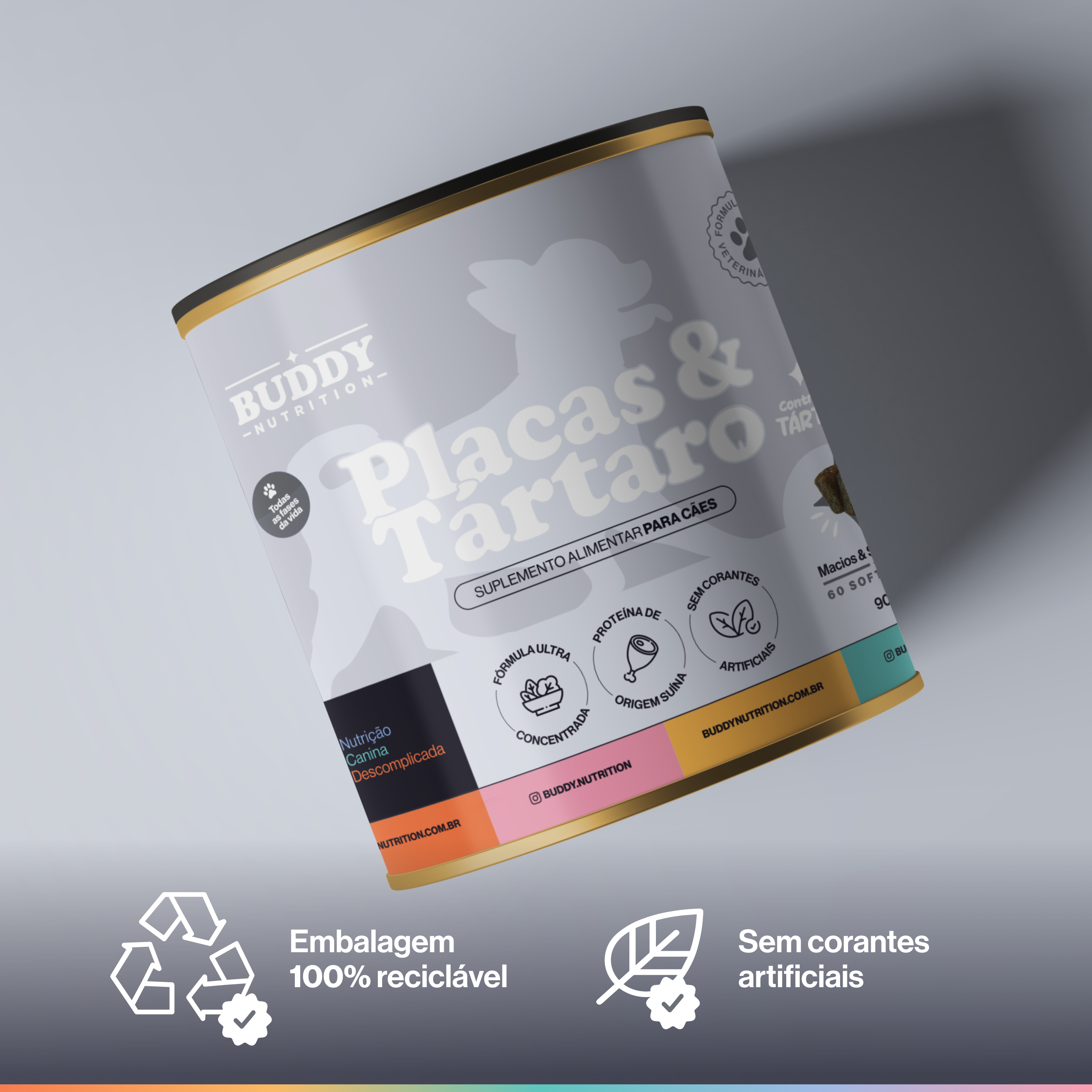 A can of Buddy Nutrition dog supplement for plaque and tartar, against a grey background with marketing icons.