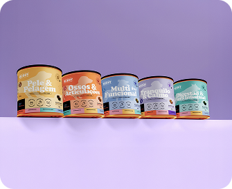 A row of five colorful cylindrical containers, likely pet supplements, on a two-toned purple background.