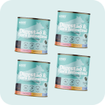 Four cans of 'Digestão & Flora Intestinal' dog food against a light blue background.