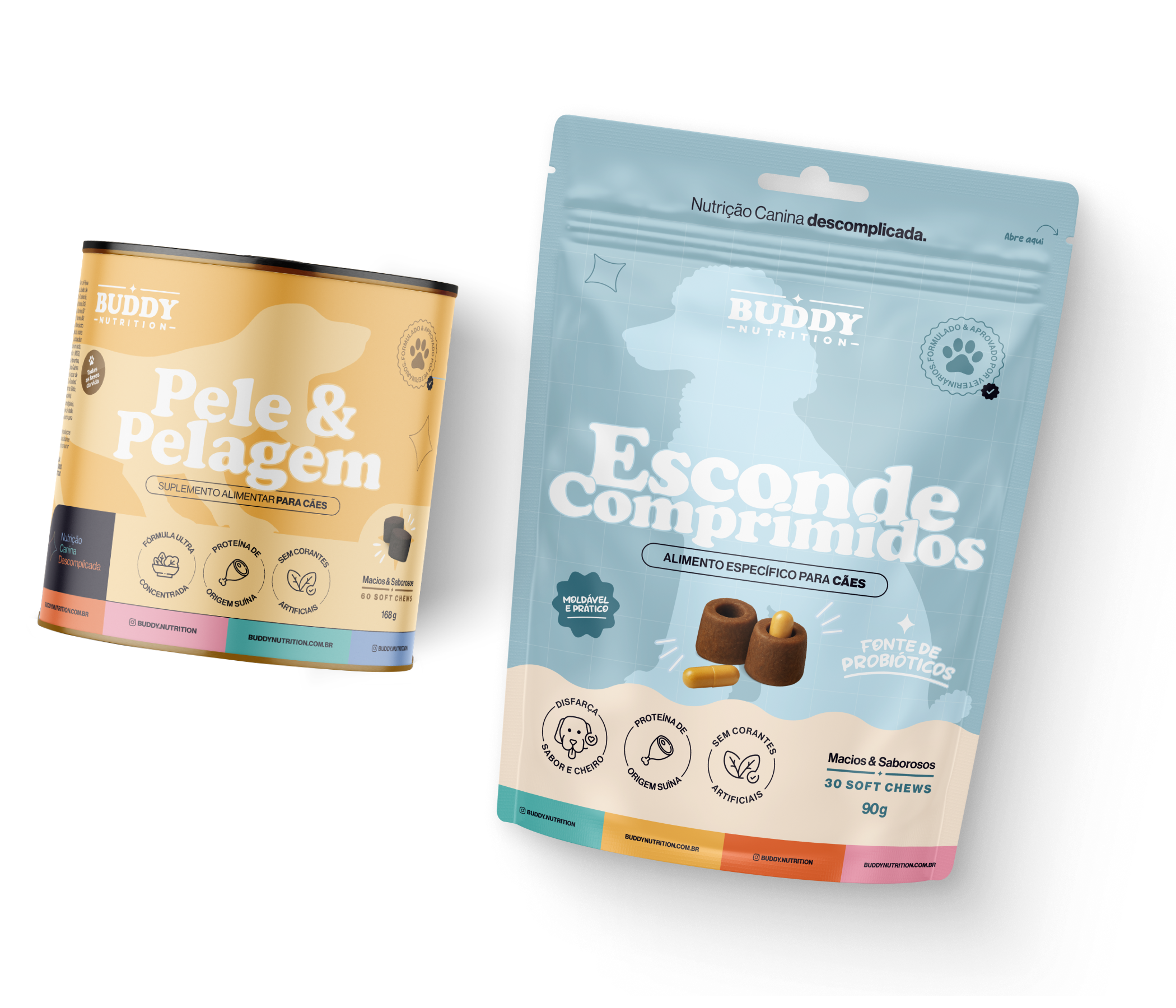 A can of Buddy Nutrition 'Pele & Pelagem' supplements and a bag of 'Esconde Comprimidos' pill hiders.