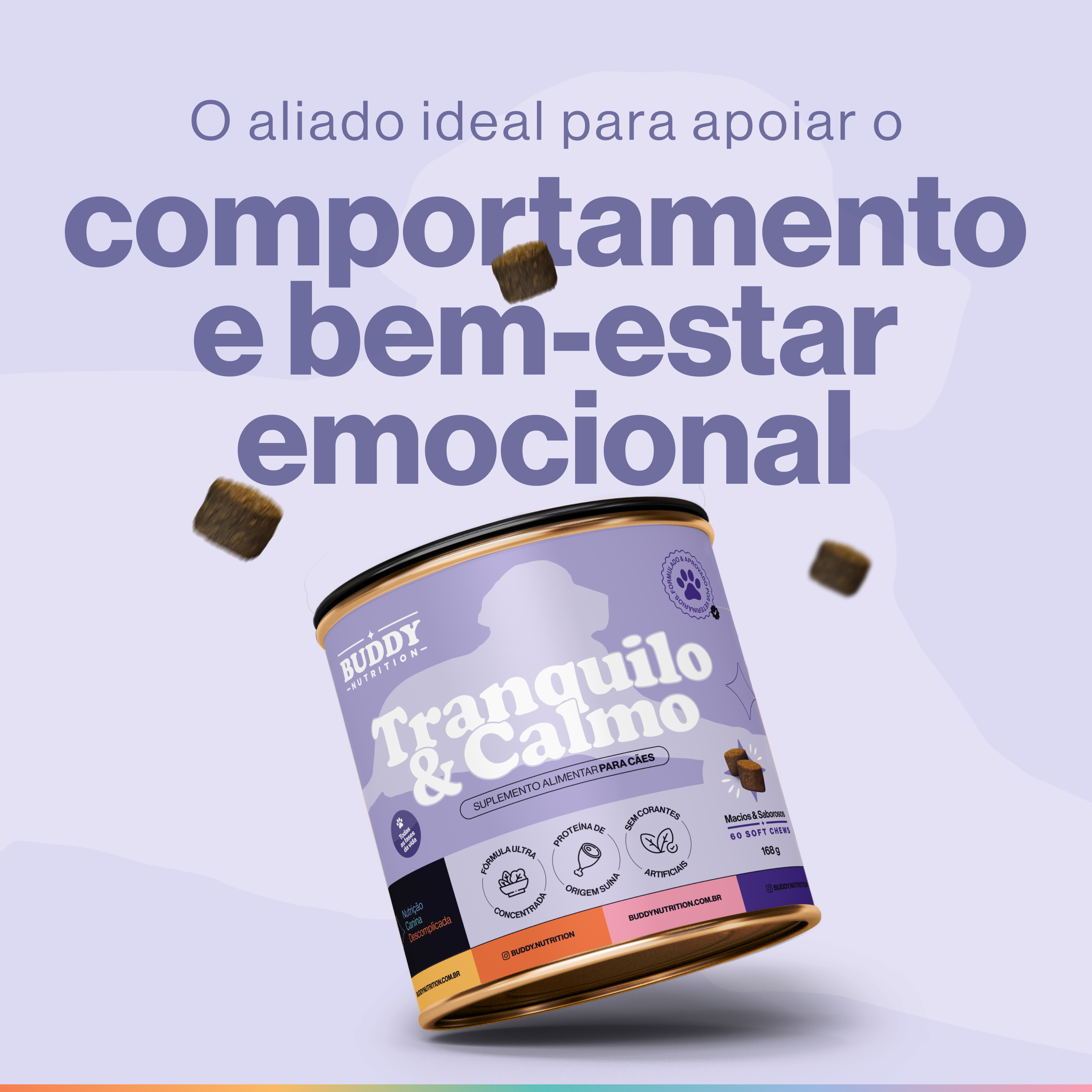 An advertisement for Buddy Nutrition dog supplements, showing the product can and some of the soft chews.