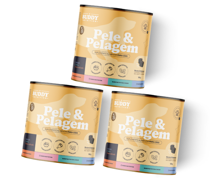 Three cans of Buddy Nutrition's 'Pele & Pelagem' dog supplement against a plain black background.