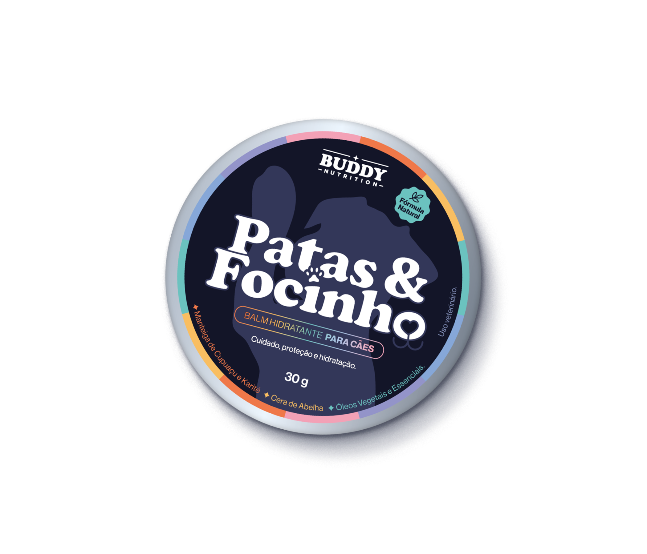 A round tin of Buddy Nutrition's 'Patas & Focinho,' a moisturizing balm for dogs, on a white background.