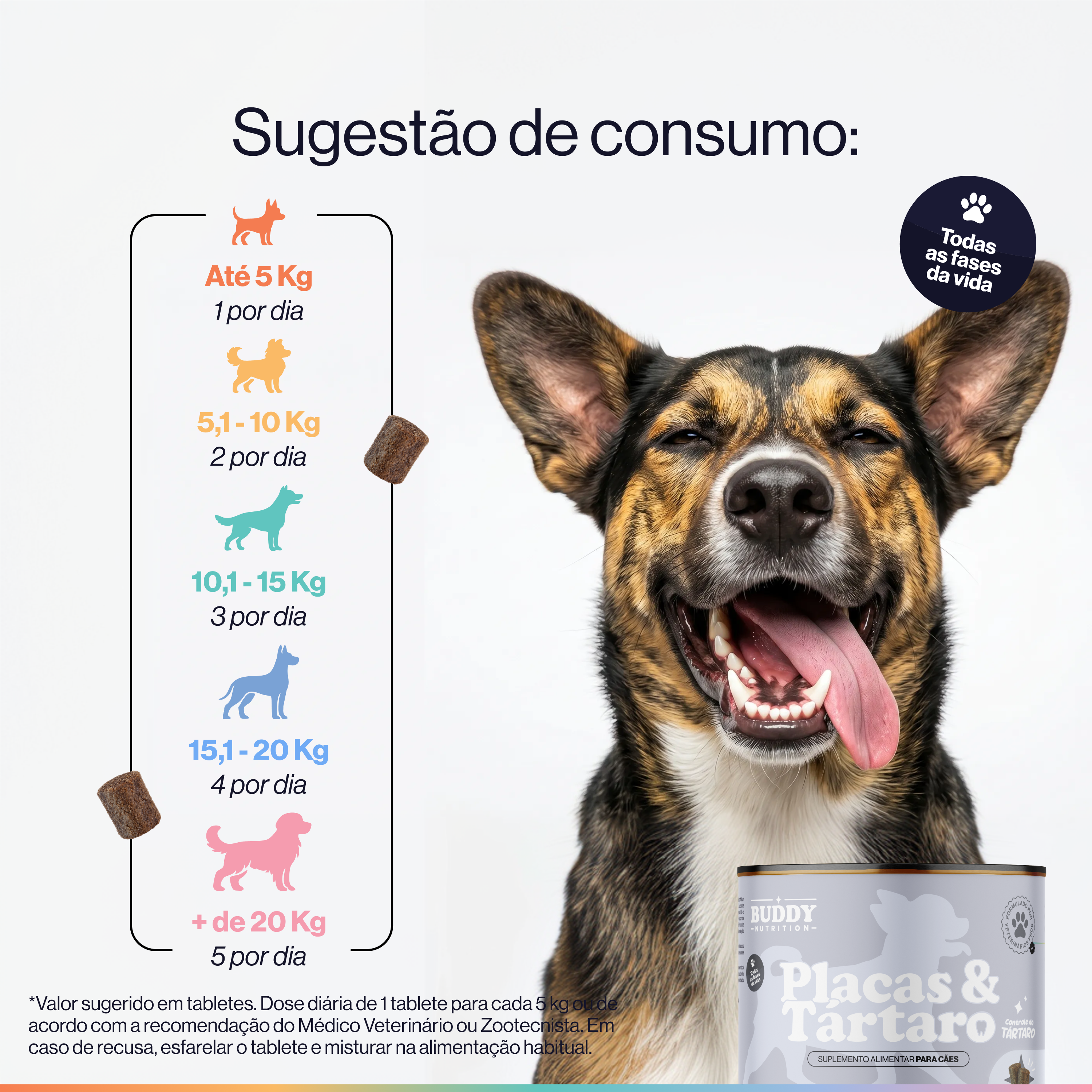 A happy dog next to a can of dog supplements and a dosage chart in Portuguese.