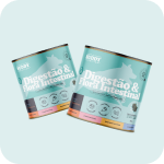Two cans of a pet supplement for digestion and intestinal flora against a light blue background.